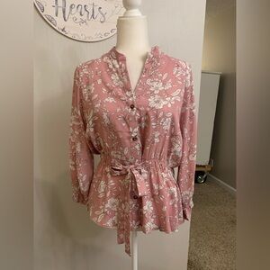Sweet Rain Pink Floral Blouse with Button Detail